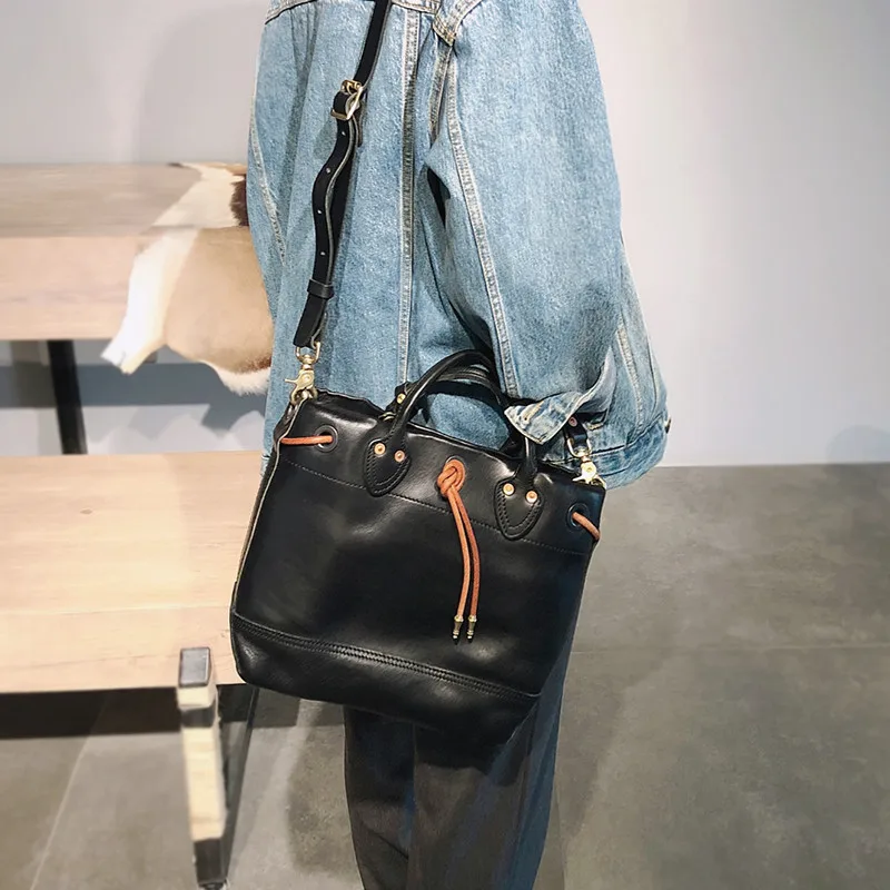 Fashion luxury natural genuine leather men women's black handbag casual designer handmade real cowhide shoulder messenger bag