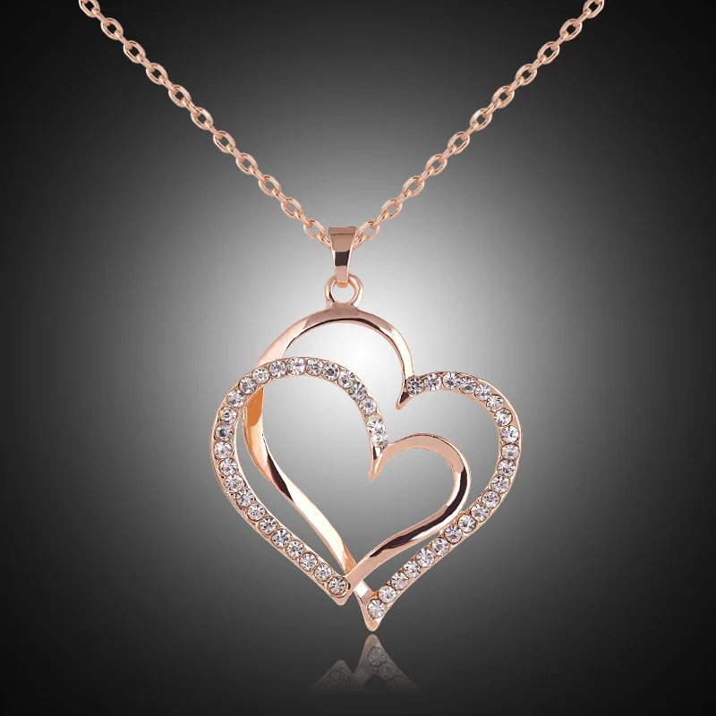 

Women Romantic Double Love Heart Rhinestone Choker Chain Necklace