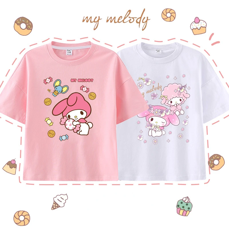 

2022 New Kawaii Sanrio MyMelody Short-sleeved Girls T-shirt Summer Cotton Cute Children's Trend on Clothes
