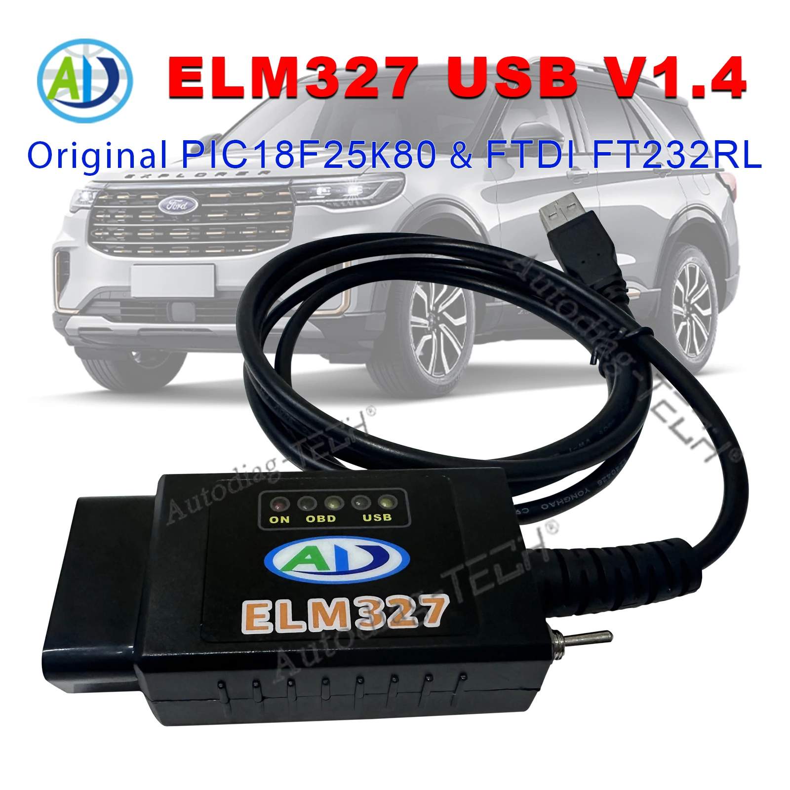 Фото Диагностический сканер ELM327 V1.4 USB FTDI FT232RL PIC18F25K80 HS CAN/MS Switch для Ford FORScan OBD2, считыватель кодов, инструмент для диагностики автомобиля №1