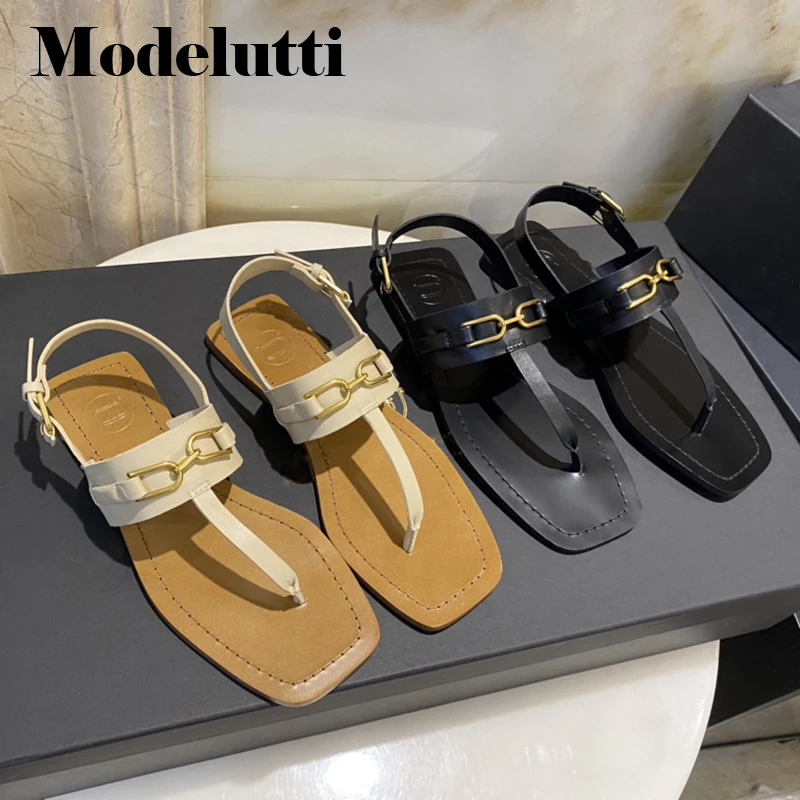 

Modelutti 2022 New Summer Fashion Genuine Leather Open Toe Flat Metal Buckle Sandals Women Simple Casual Beach Shoes Female