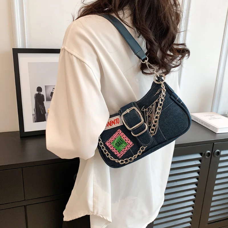 

Retro Women's Chain Link Small Shoulder Bag Denim Ladies Underarm Bags Fashion Female Armpit Bag Tote Y2K Girls Purse Handbags