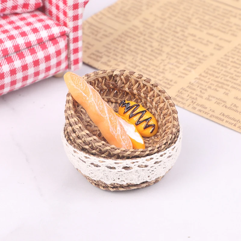 

1 Set 1/12 Dollhouse Miniature Bamboo Basket Vegetables Fruits Bread Storage Pretend Play Kitchen Doll Food Toy Accessories
