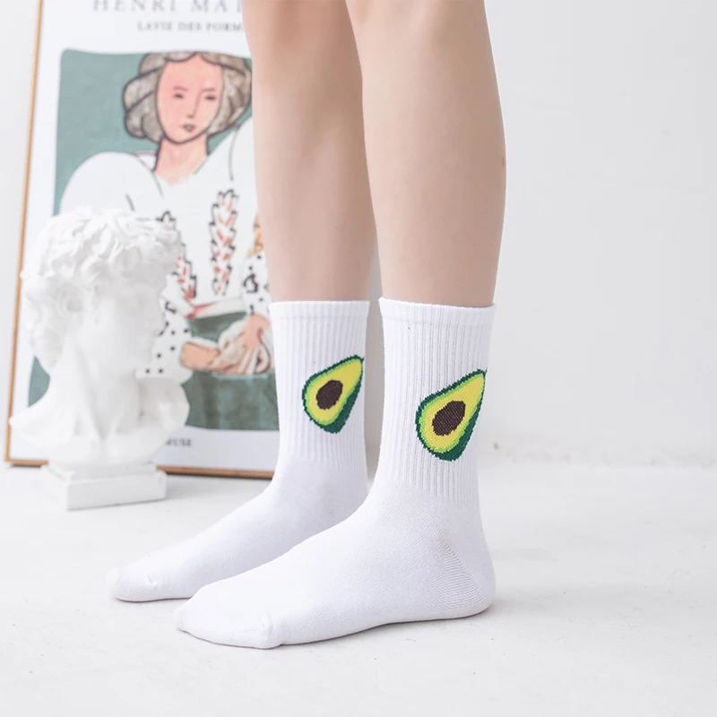 3 Pairs/Box Simplicity Cartoon Cactus Avocado Stockings Cotton Harajuku White Printted Fashion Gifts for Men Women Long Socks