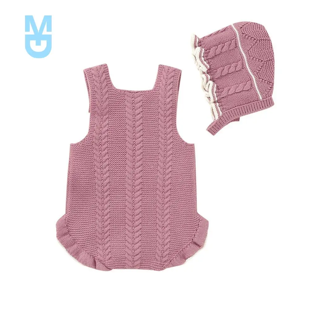 

New born Baby Bodysuits Fashion Solid Knitted Infant Bebes Girls Body + Caps 2pcs Outfit Set Autumn Winter Toddler Kids Jumpsuit