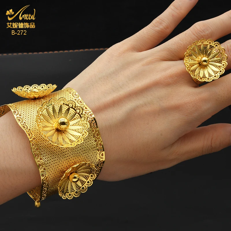 ANIID 24-каратное золото индийский цветок браслеты с кольцом для женщин Африканский