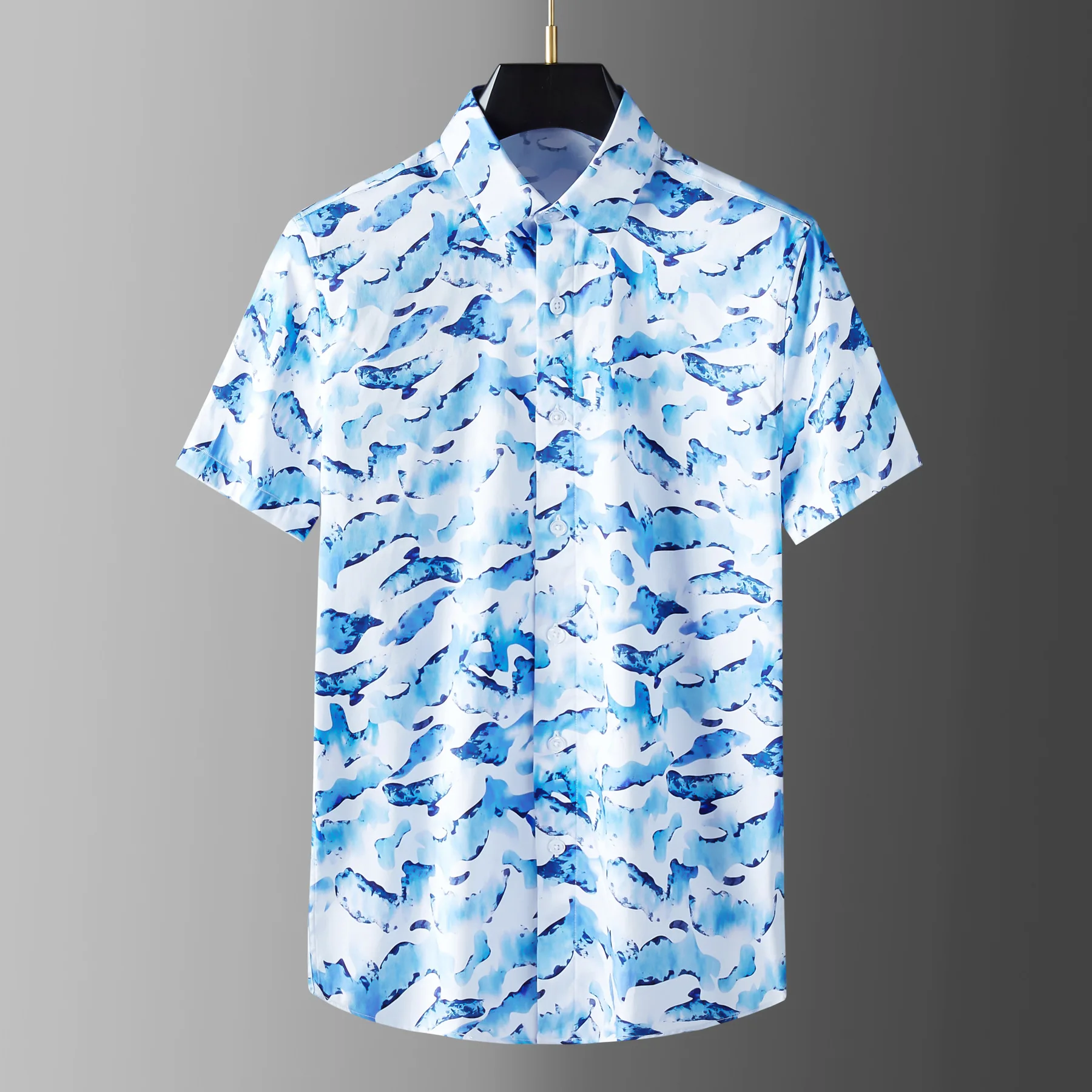 

2022 Short Sleeve Male Shirts High Quality Blue Allover Printed Mens Dress Shirts Summer Slim Fit Party Casual Mens Shirts 3xl
