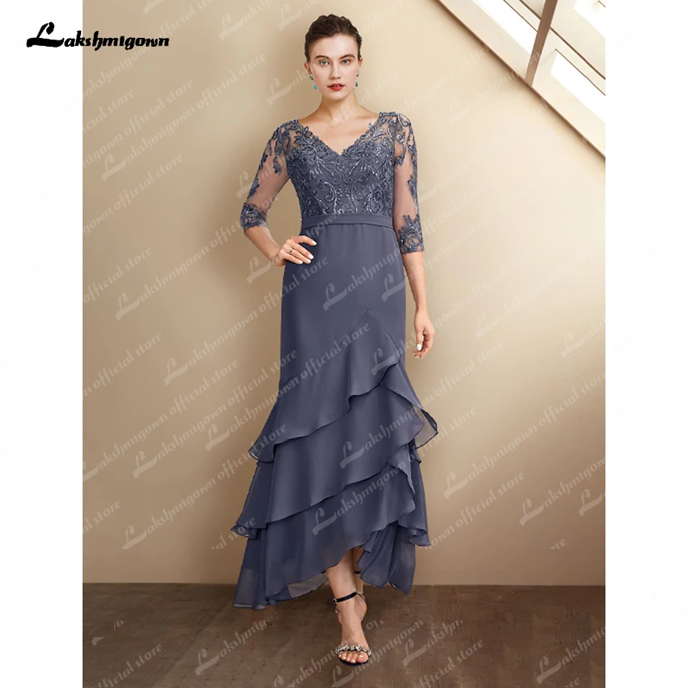 

Elegant V Neck Mother of the Bride Dress Asymmetrical Ankle Length Chiffon Lace with Sequin Appliques Cascading Ruffles 2023