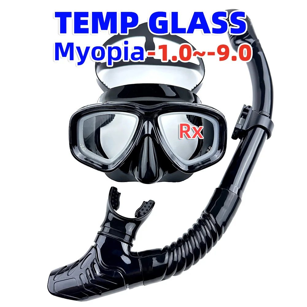 Optical Myopia Scuba Diving Mask Snorkel Set Tempered Glass,Dry Top Swimming Googles Nearsighted Lenses Short-Sighted