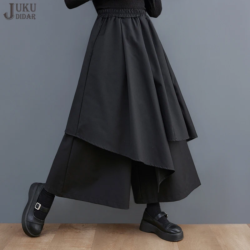 

Женские широкие брюки с поясом на резинке, однотонные черные широкие брюки в японском стиле, модель JJPS011 на весну, 2023
