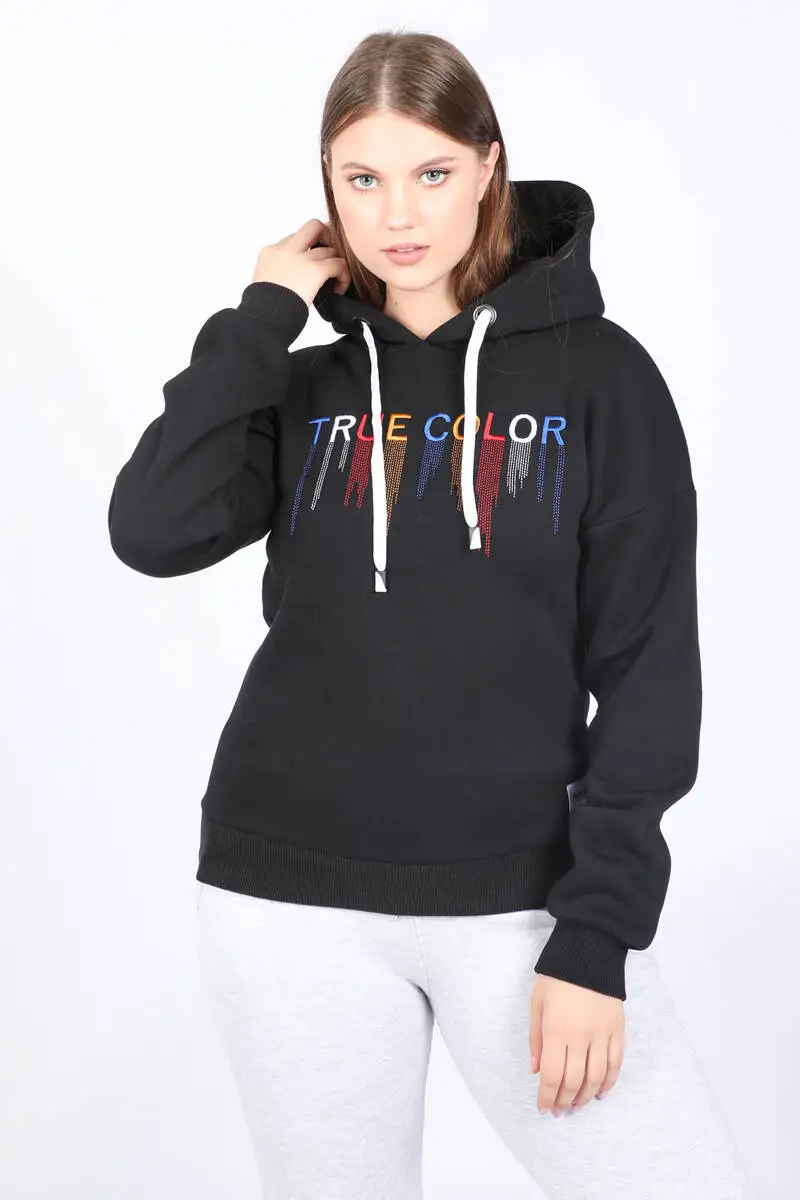 

Women's True Color Printed Hooded Sweatshirt Black