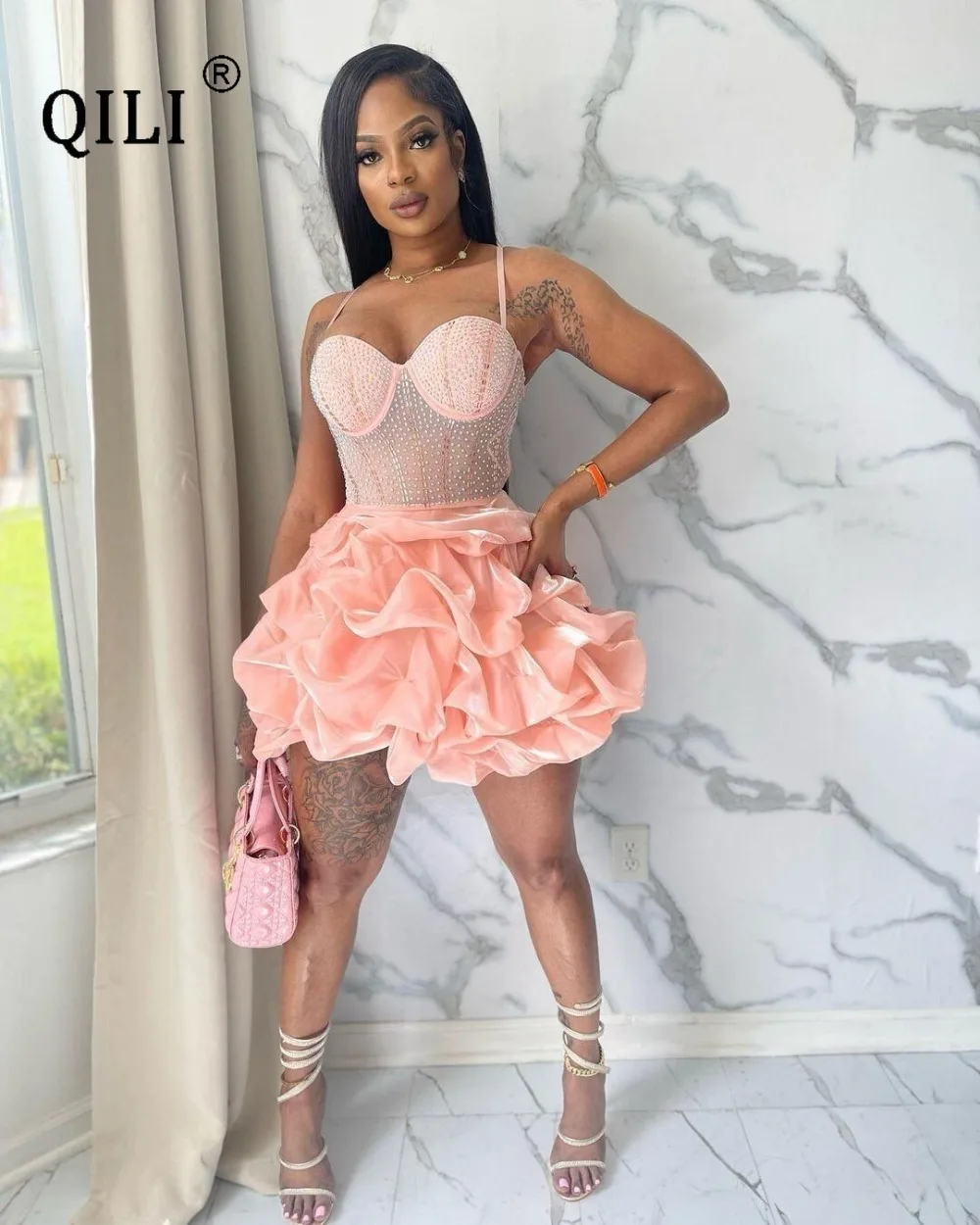 QILI-сексуальное платье на бретелях-спагетти облегающее яркий бриллиант стразы