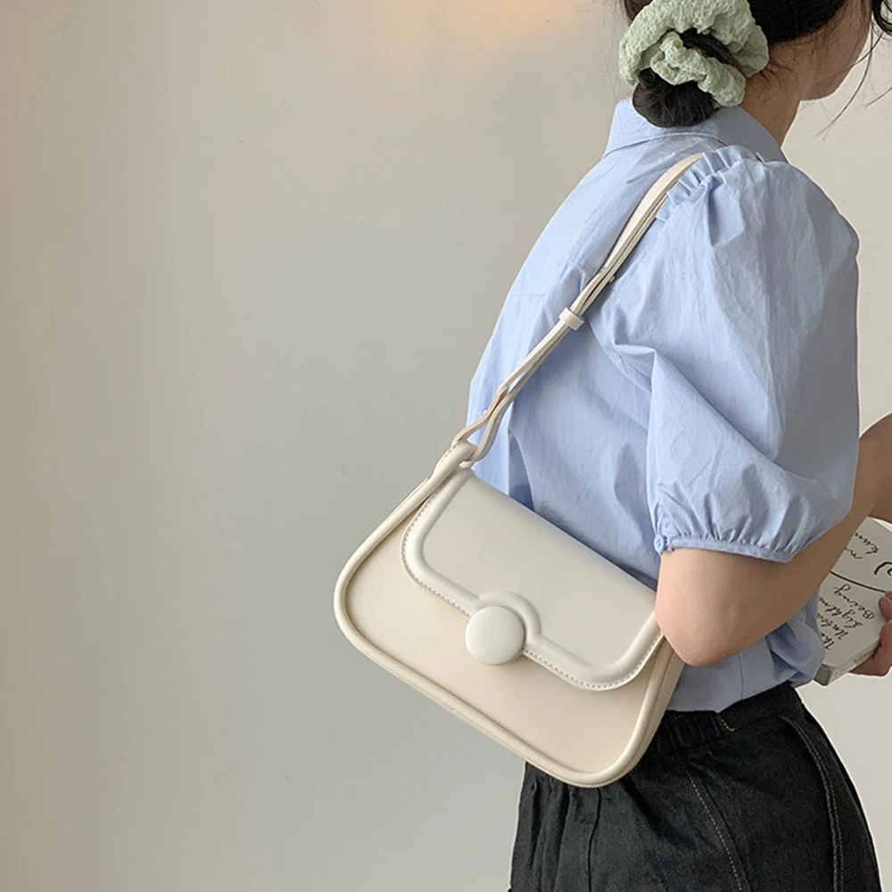 Spring and Summer Women's Bag Simple Designer Underarm Bags Macaron Solid Color PU Leather Round Magnetic Buckle Shoulder Bag