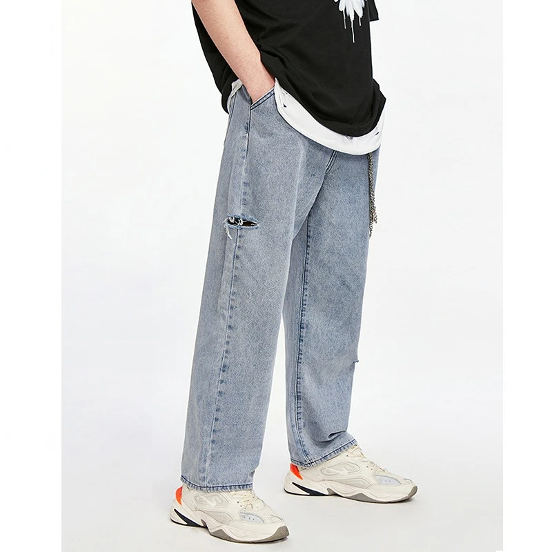 Mens Jeans Streetwear Fashion Youth Loose Trend Hole Wide Leg Korean Straight Jeans Mens Plus Size Baggy Jeans