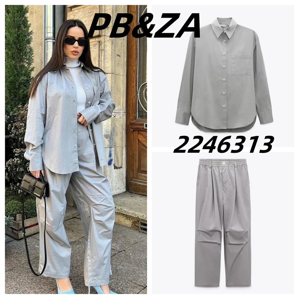 

PB&ZA 2023 Spring New Women's Poplin Loose Shirt Elastic High Waist Workwear Trousers Two-piece Set 2591313