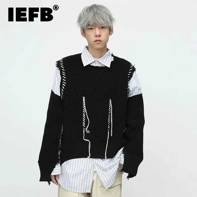 

IEFB Casual Pullover Top New Shirt Loose Knitted Sweater Autumn Winter Niche Design Worn Contrast Color Patchwork Knits 9C3545