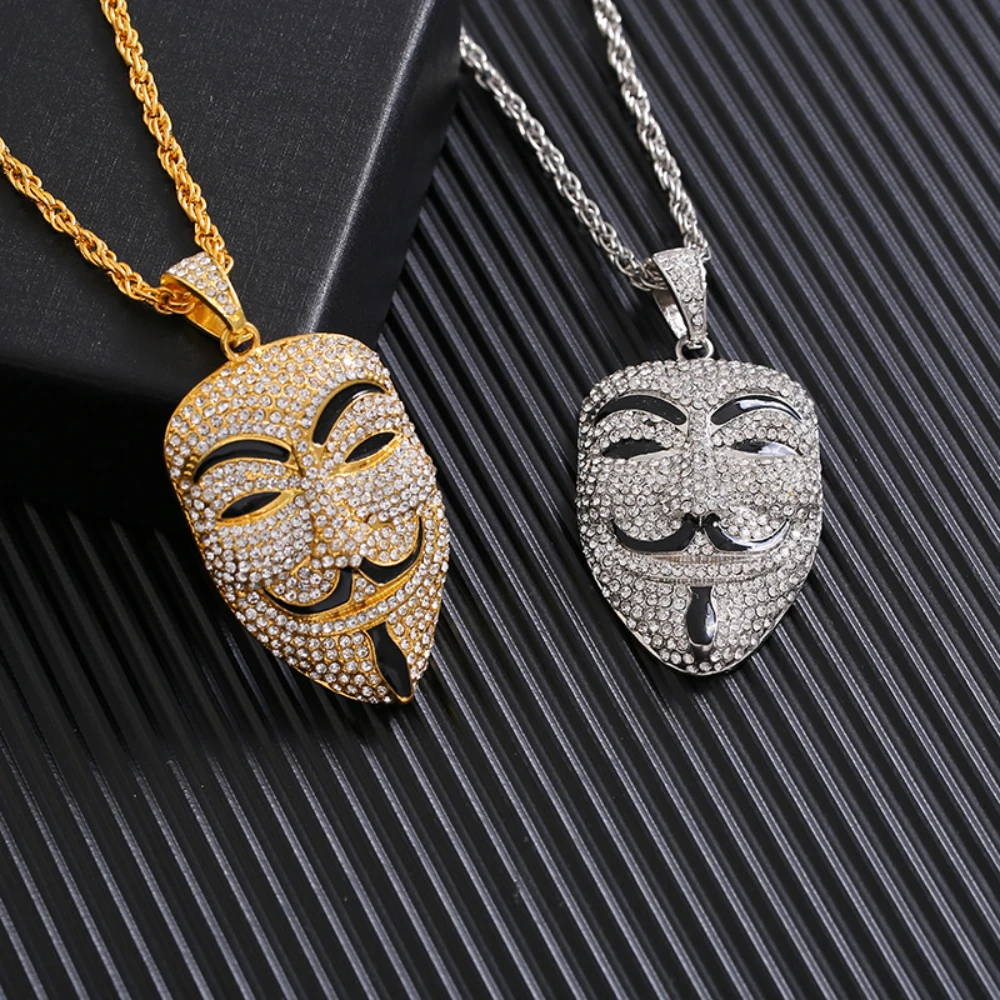 Hip Hop Joker Face Pendant Necklace for Men Unisex Twist Chain Party Punk Metal Jewelry Rhinestone Pave Couple Gift Dropship