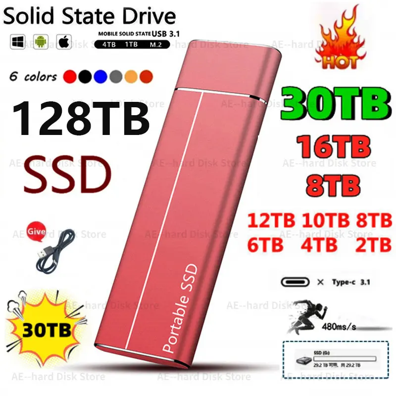 

Высокоскоростной портативный накопитель SSD Type-C USB 128, ТБ, 2 ТБ 1 ТБ, внешний твердотельный накопитель, мобильное устройство хранения HHD для ноутбука, PS4