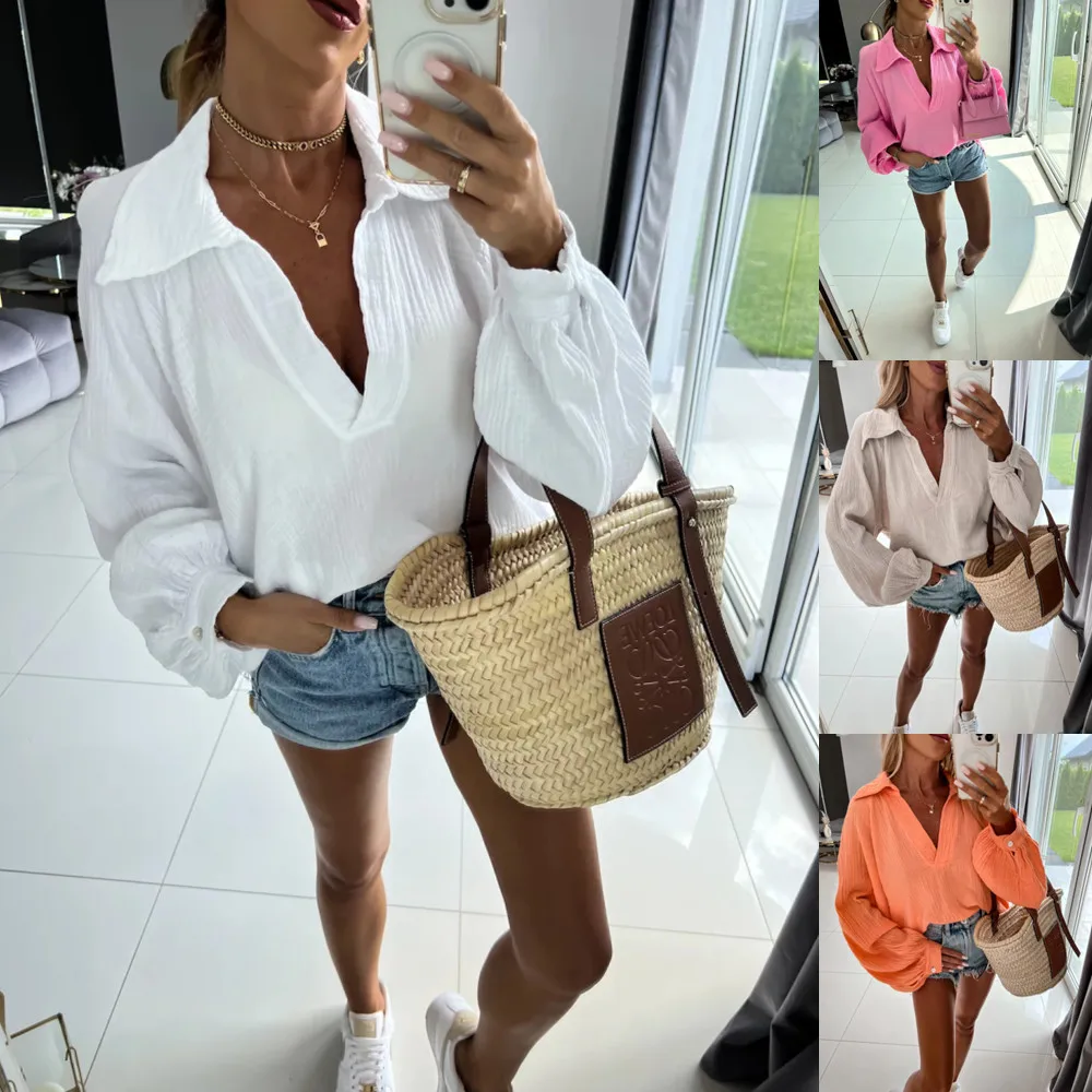 

Women's White Shirt Blouse Spring And Autumn Long Sleeve Loose V-Neck Casual Ladies Top