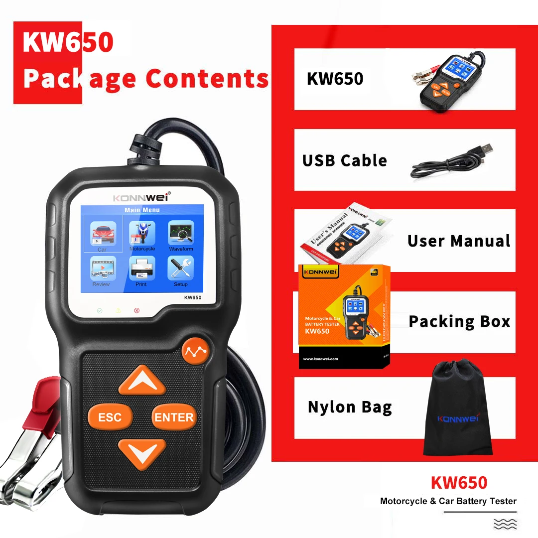 

KONNWEI KW650 Car Battery Tester 12V Car Motorcycle Battery System Analyzer 100 To 2000CCA Charge Start Test Car Diagnostic Tool