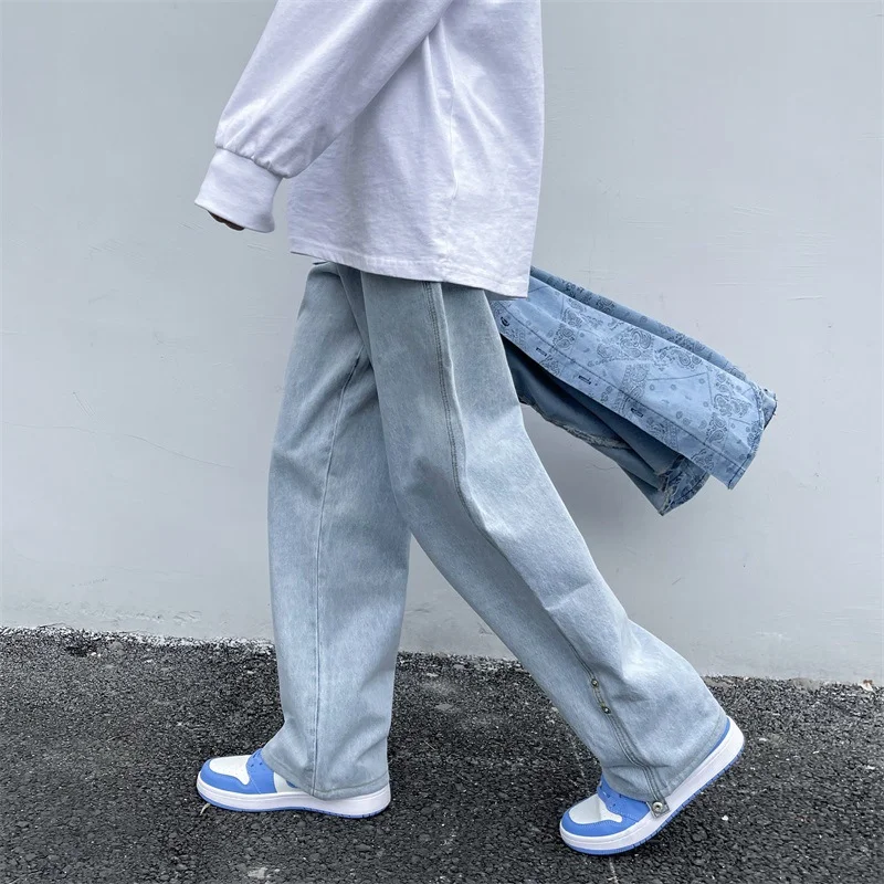 DEEPTOWN Vintage Straight Jeans Men Classic Solid Casual Denim Pants Retro Loose Streetwear Trousers Male Black Blue Spring