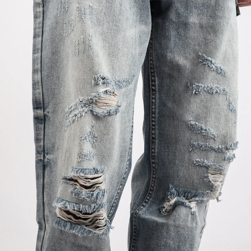 Four Seasons Men's Jeans High Street Retro Hip Hop Straight Loose Ripped Jeans Trend Korean Y2K Pants Ins Hot Sale Loose Jeans