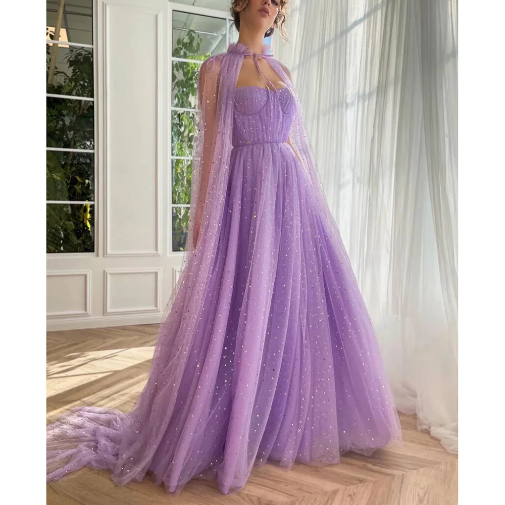 

LAIDITYA Fashion Star Sequined Party Dress Lavender Elegant Spaghetti A-Line Floor Length Evening Gowns with Cape Prom Dress