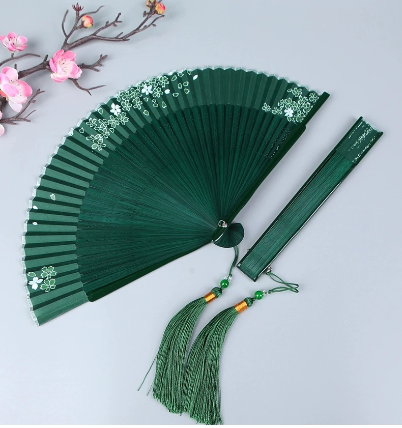 

Summer Fan Portable Antique Green Folding Fan Women's Carry-on Classical Chinese Style Hanfu Cheongsam Folding Small Fan