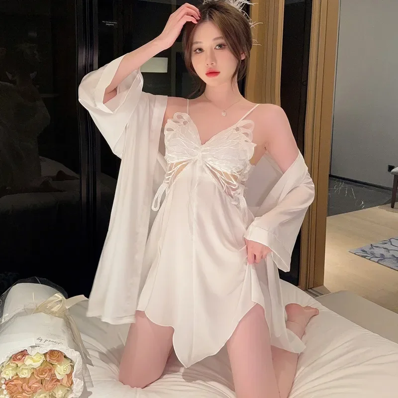 Халат женский из 2 предметов белый шелковый халат домашняя одежда кружевное