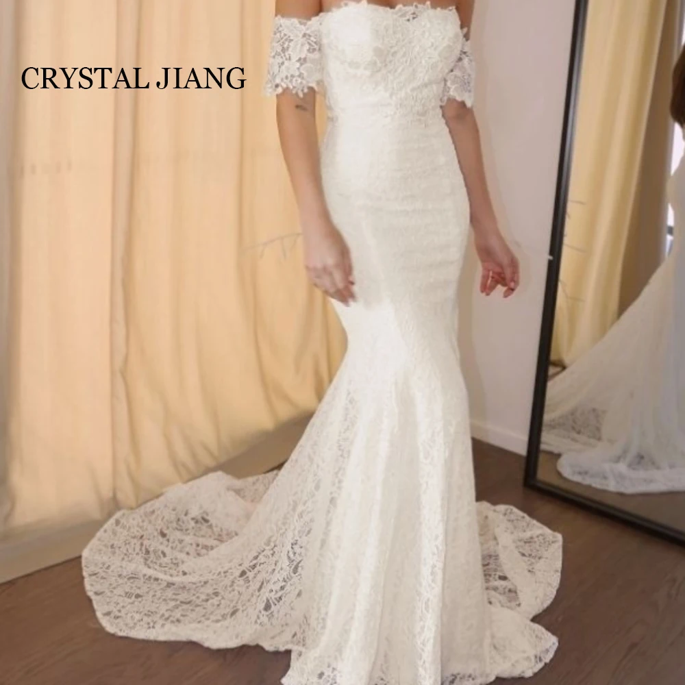 

Sexy Long Off the Shoulder Wedding Dresses Short Sleeves with Lace Applique Mermaid Court Train Vestidos Para Eventos Especiales