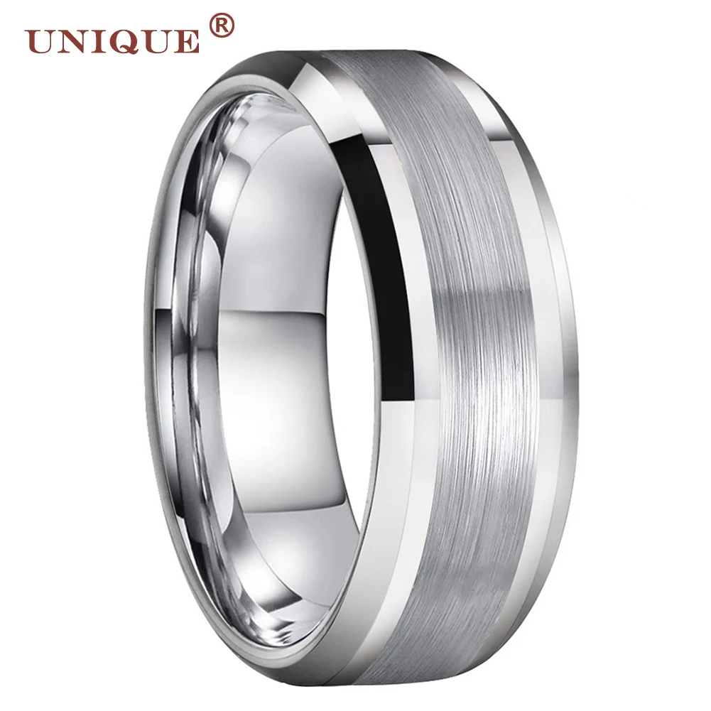 

Unique Jewel Mens Womens Fashion 6mm 8mm Tungsten Wedding Rings Center Brushed Polished with Beveled Edges Comfort Fit