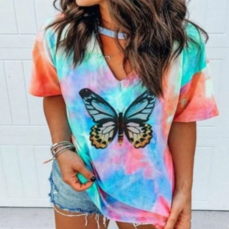 

Женская футболка с коротким рукавом, V-образным вырезом и принтом бабочки
