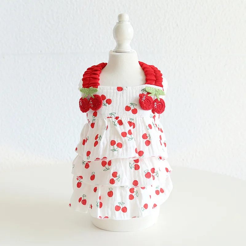 

2023 Spring/Summer Fashion Pet Dog Cat Dress Sweet Red Cherry Cotton puppy Dress for Teddy, Chihuahua, Pomeranian Dog Clothes