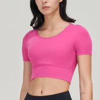 womens short sleeve sports bra gym crop top yoga underwear round neck thin fitness top vest with chest pad running sportswear