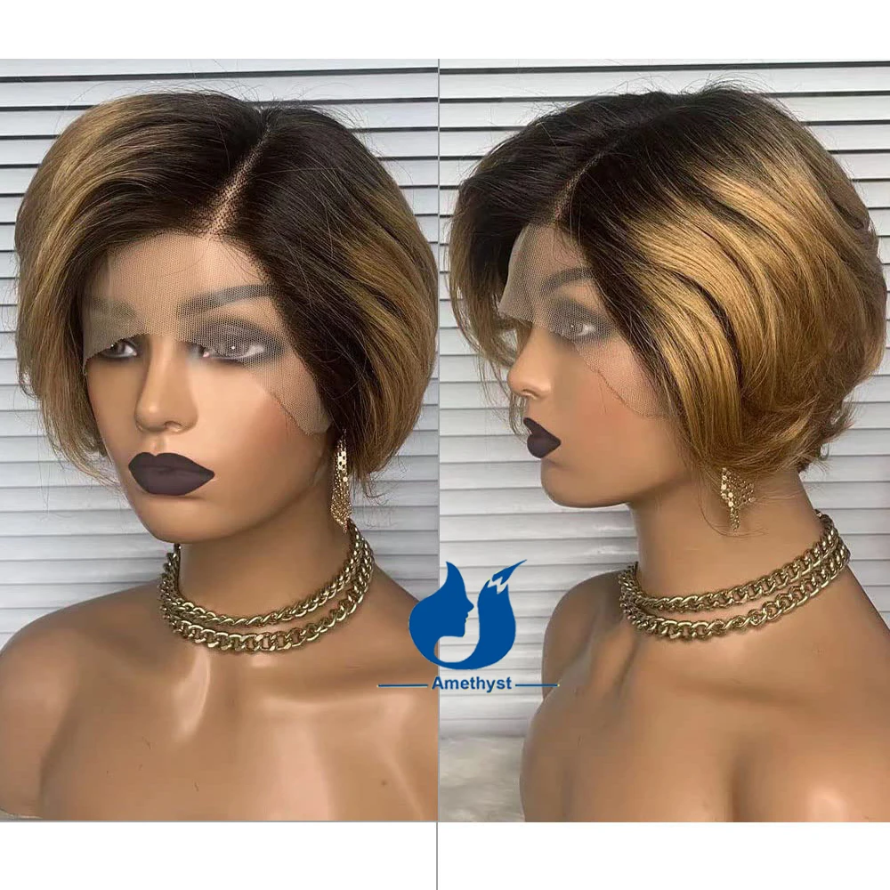 

Amethyst Ombre Bob Wig Human Hair 1B/27 Honey Blonde 13x6 Lace Front Wigs Bob Cut Lace Frontal Wigs with Dark Roots 8inch