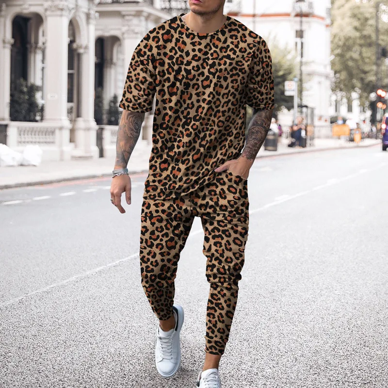 New Summer Men's T Shirt Set Casual 2 Piece Hip Hop Suit 3D Leopard Print Tracksuit Fashion Cool Streetwear Oversized Clothing