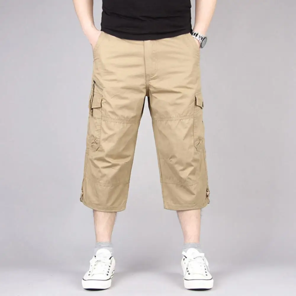 

Men Solid Color Breathable Pocket Loose Straight Capri Cropped Pants Trousers Casual Pants Plus Size