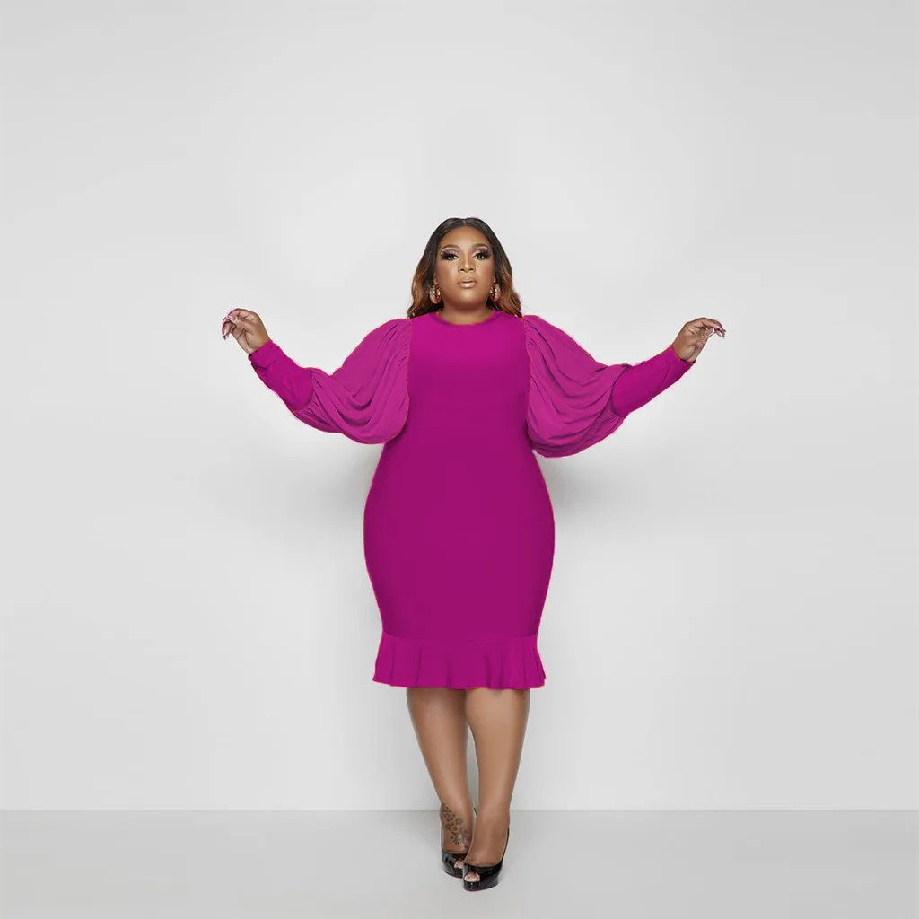 Plus Size Dresses O-Neck Long Sleeve Knee-length Solid Party Dresses Evening Dresses Lantern Sleeve Elegant Dresses for Women