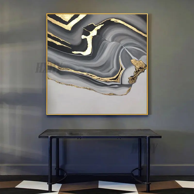 

American-style hand-painted Oil Paintings In Black And White Porch Light Gold Abstract Paintings Modern Luxury Living Room Backd
