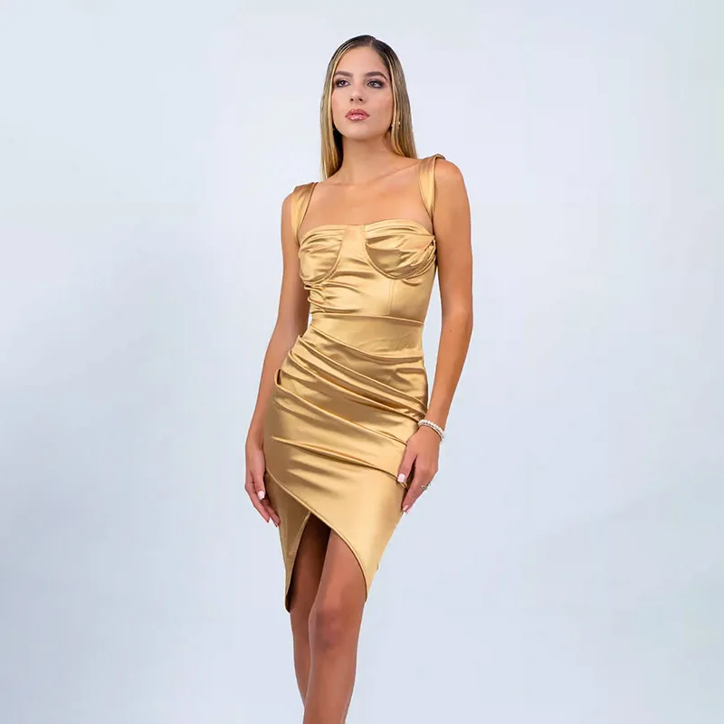 

Женское приталенное золотистое платье, модное асимметричное пикантное Плиссированное мини-платье без рукавов, вечерние платья с разрезом ...