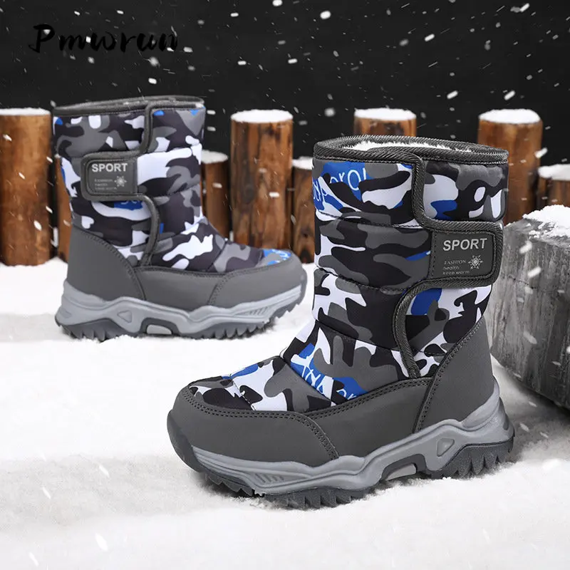 Kid Winter Camouflage Plush Outdoor Climb Run Snow Boot Children Flat Waterproof Shoes Student Sport Padded Meduim Boots 2022