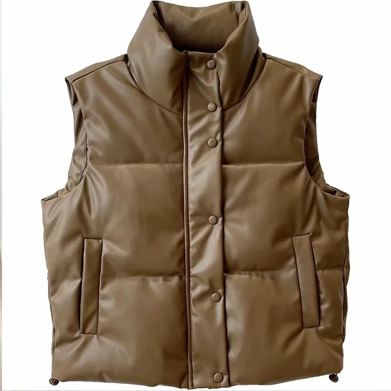 

Winter Black Warm Faux Leather Vest jacket women Zipper PU Jackets Female Waistcoat Cotton Padded winter pu jacket