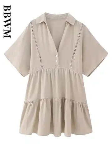 Summer New Women Solid Mini Dress 2023 Chic Female Lantern Vintage Short Sleeve Lapel Single Breasted Elegant A-line Loose Dress