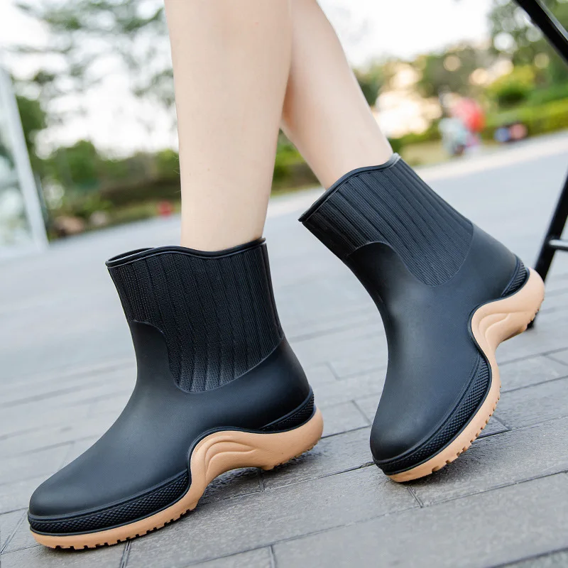 Women Mixed Colors Rain Boots Female Outdoor Non-slip Waterproof Work Water Shoes Winter Fashion Warm Rainboots