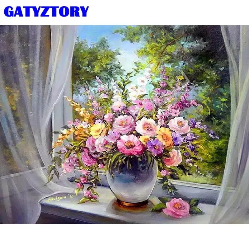 

GATYZTORY Pictures By Number Window Flower Kits Home Decor Painting By Number Vase Tree Landscape Drawing On Canvas Art Gift