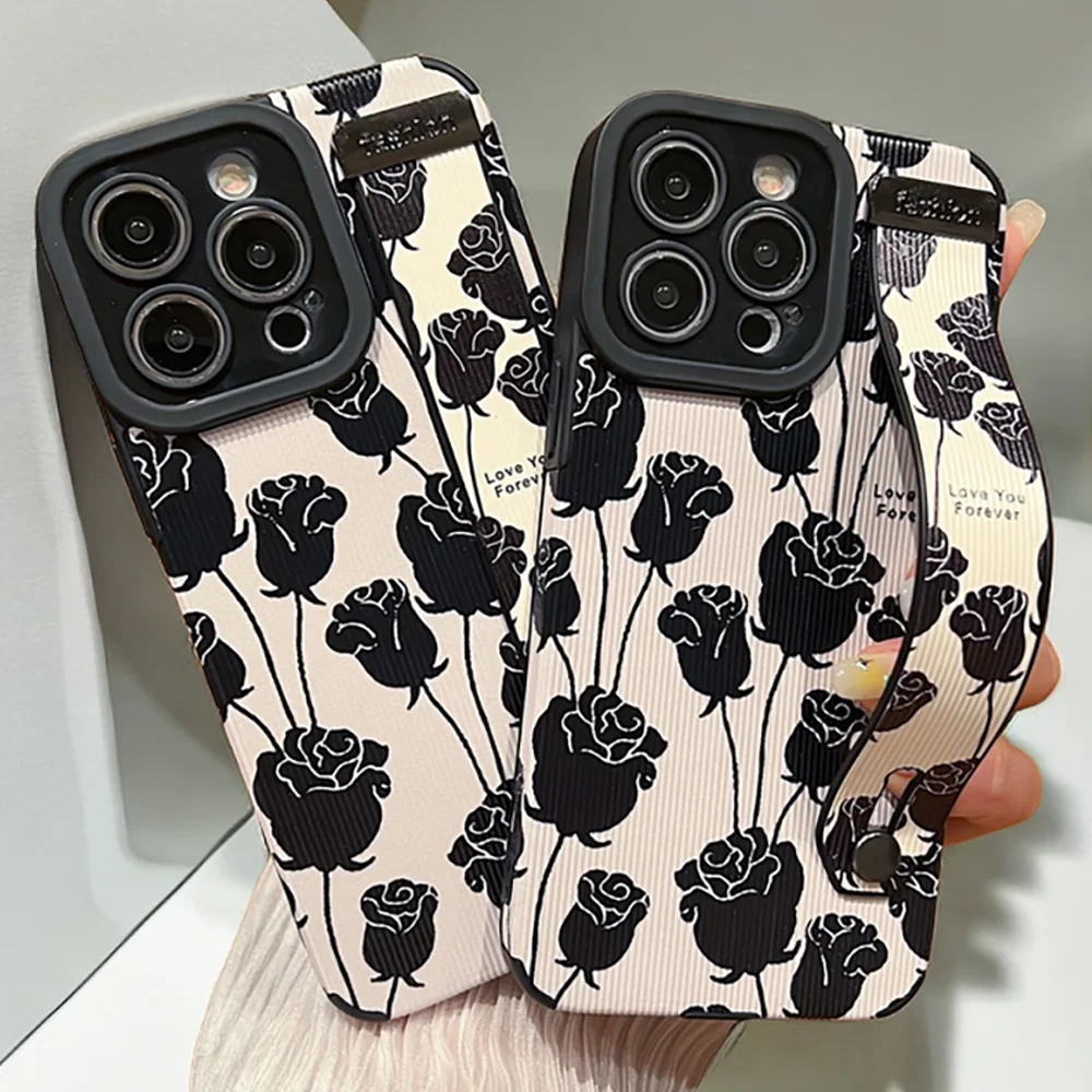 

Retro Rose Flower Soft Wrist Strap Case For Samsung Galaxy S20FE Plus S23 22Ultra A73 71 A52S A20S S10 A32 Printing Floral Cover