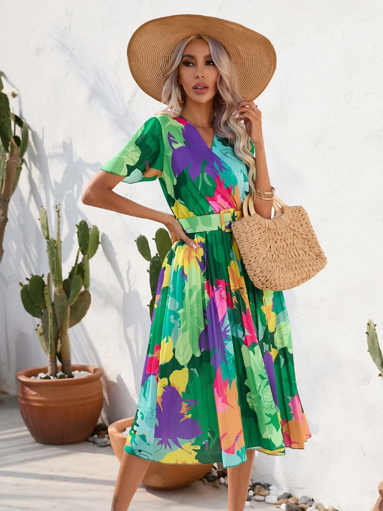 

2023 New Summer Print Long Maxi Dress Ladies Elegant Casual Flower Print Beach Wear V-neck Belt Summer Loose Dress for Women
