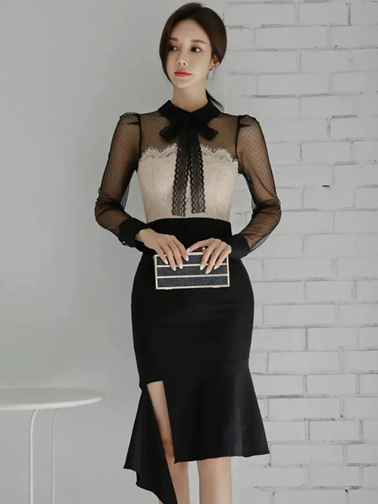 Элегантное вечернее платье с бантом на шее черное Сетчатое Кружевное облегающее