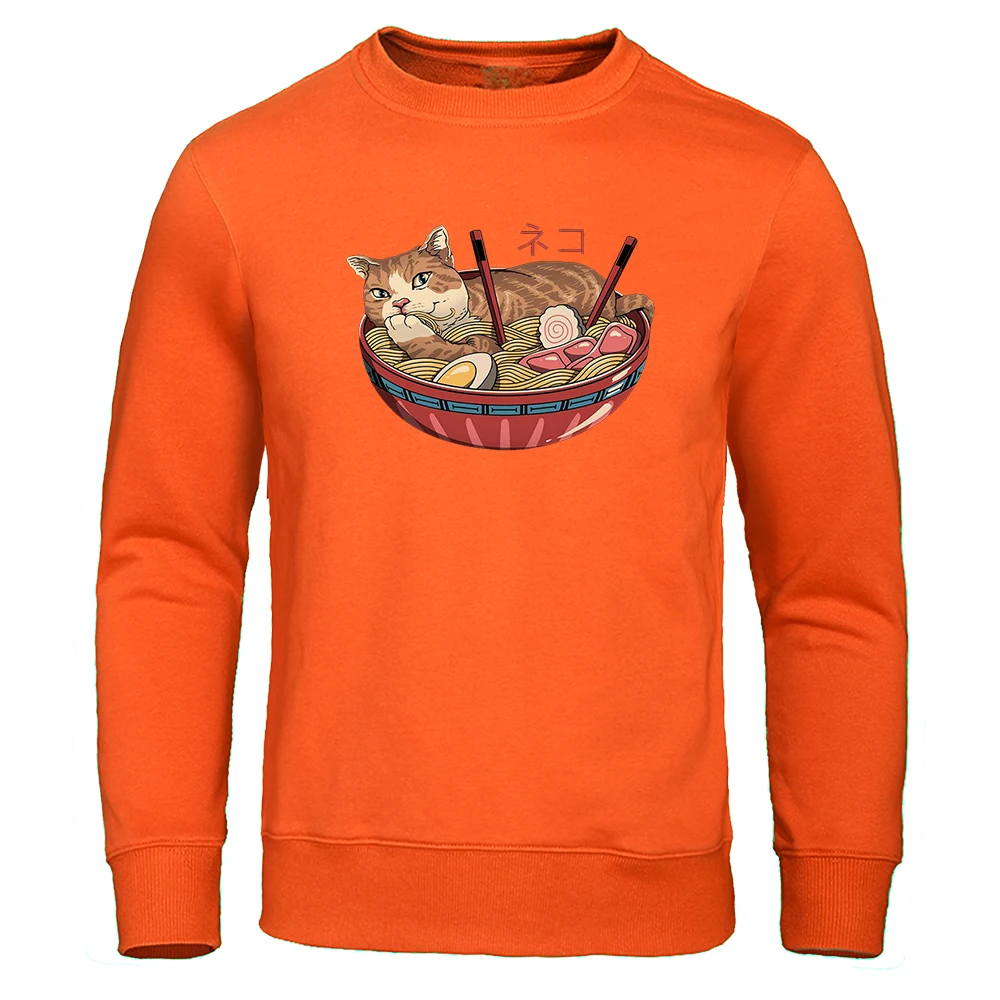 

Orange Cat Eats Seafood Noodles Print Sweater Mens Simple Fashion Sportswear Autumn Loose Pullovers Fleece Crewneck Streetwear