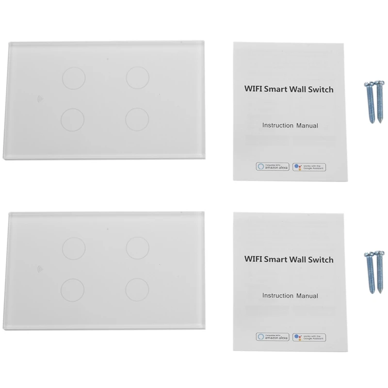

2X Us Wifi Smart Switch 4 Gang Smart Wall Press Light Switch Works With Alexa Google (White)